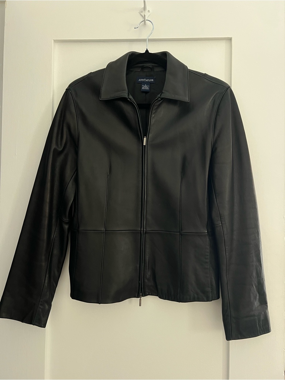 Ann Taylor Black Leather Zip Jacket with Classic Collar